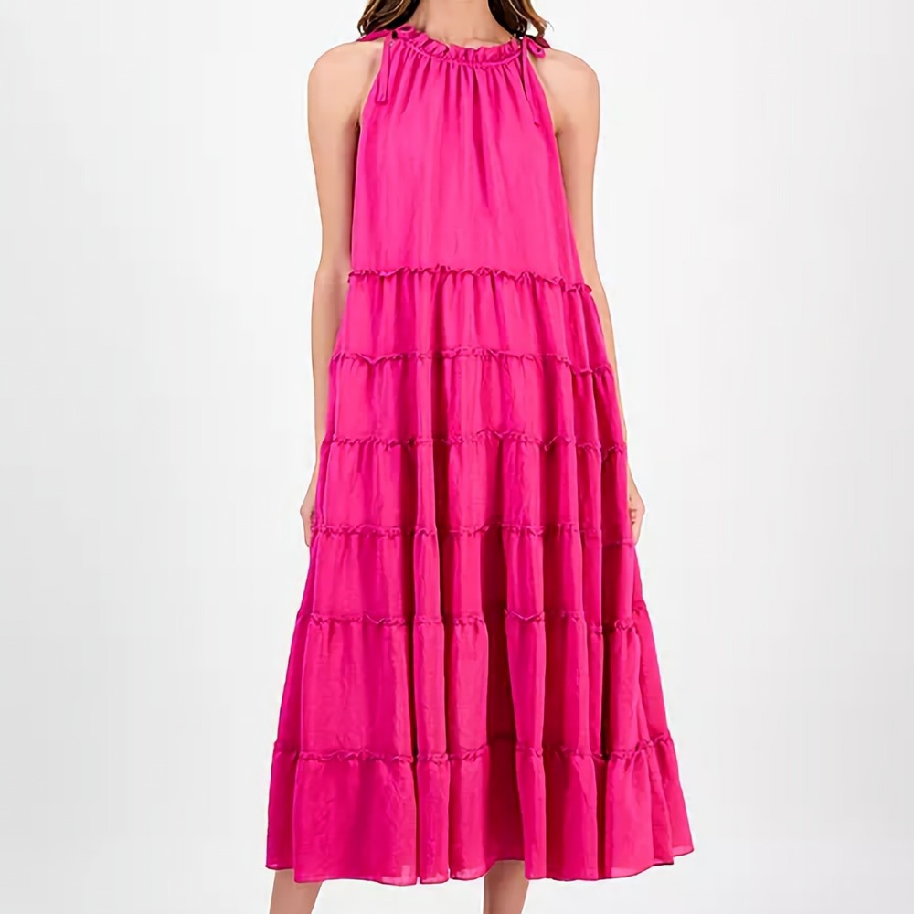 Signature Robbie Bee Tiered Ruffled Neck Midi Pink Dress Womens Size S NWT